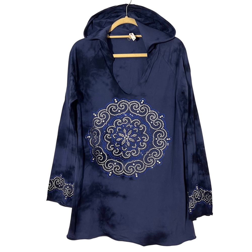 Pink Lotus Hoodie Tunic Blue Tie Dye Mandala Embellished Bell Sleeve Boho  XL
